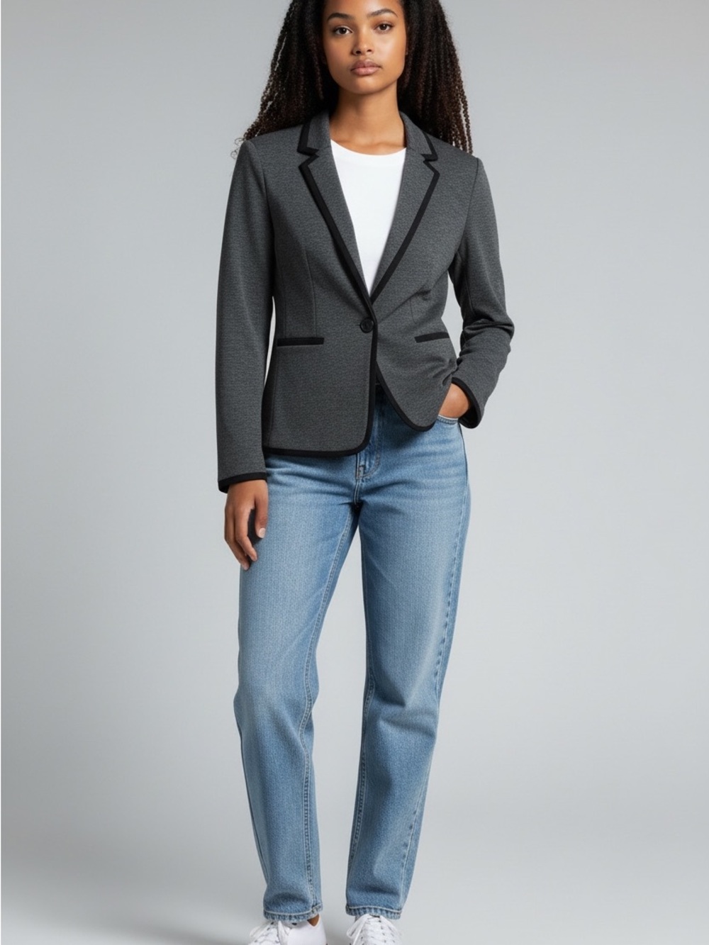 Express Womens Gray Single-Button Blazer with Black Trim Sz. S
